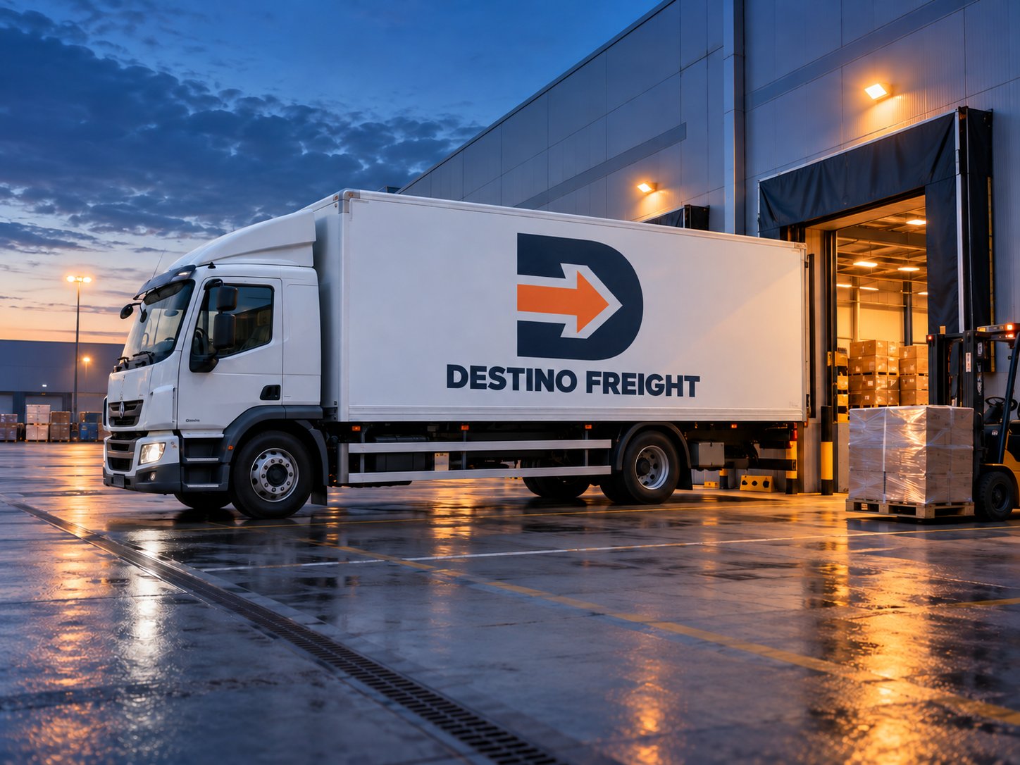 A truck at a distribution warehouse loading bay at dusk